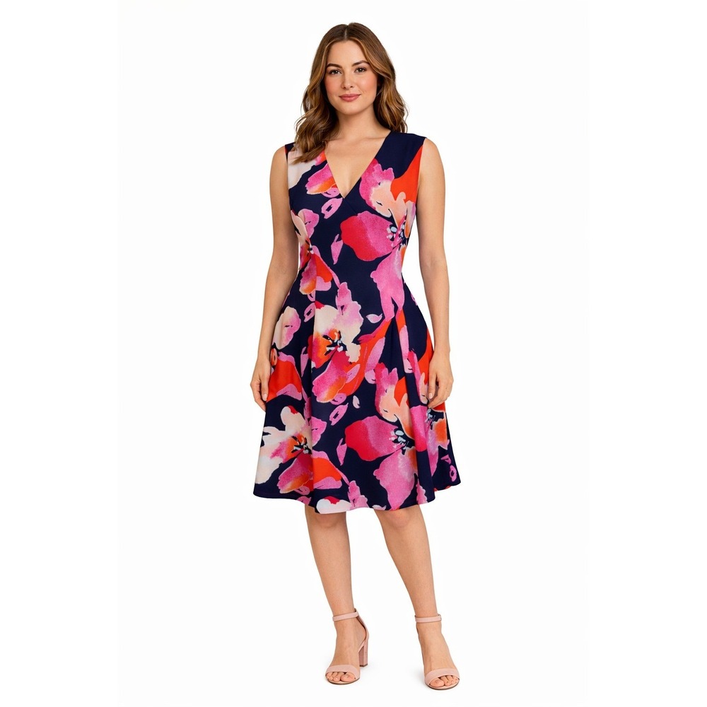 Vince Camuto Size 8 Floral‎ V-Neck Fit & Flare Dress Navy Pink Orange Pockets